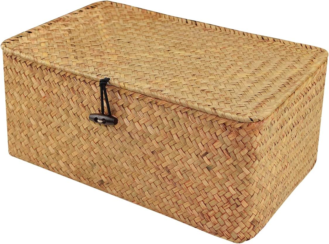 Sobotoo Wicker Storage Basket with Lid, Natural Woven Rattan Seagrass Storage Box Rectangular Household Organizer Boxes Shelf Wardrobe Organizer (L)