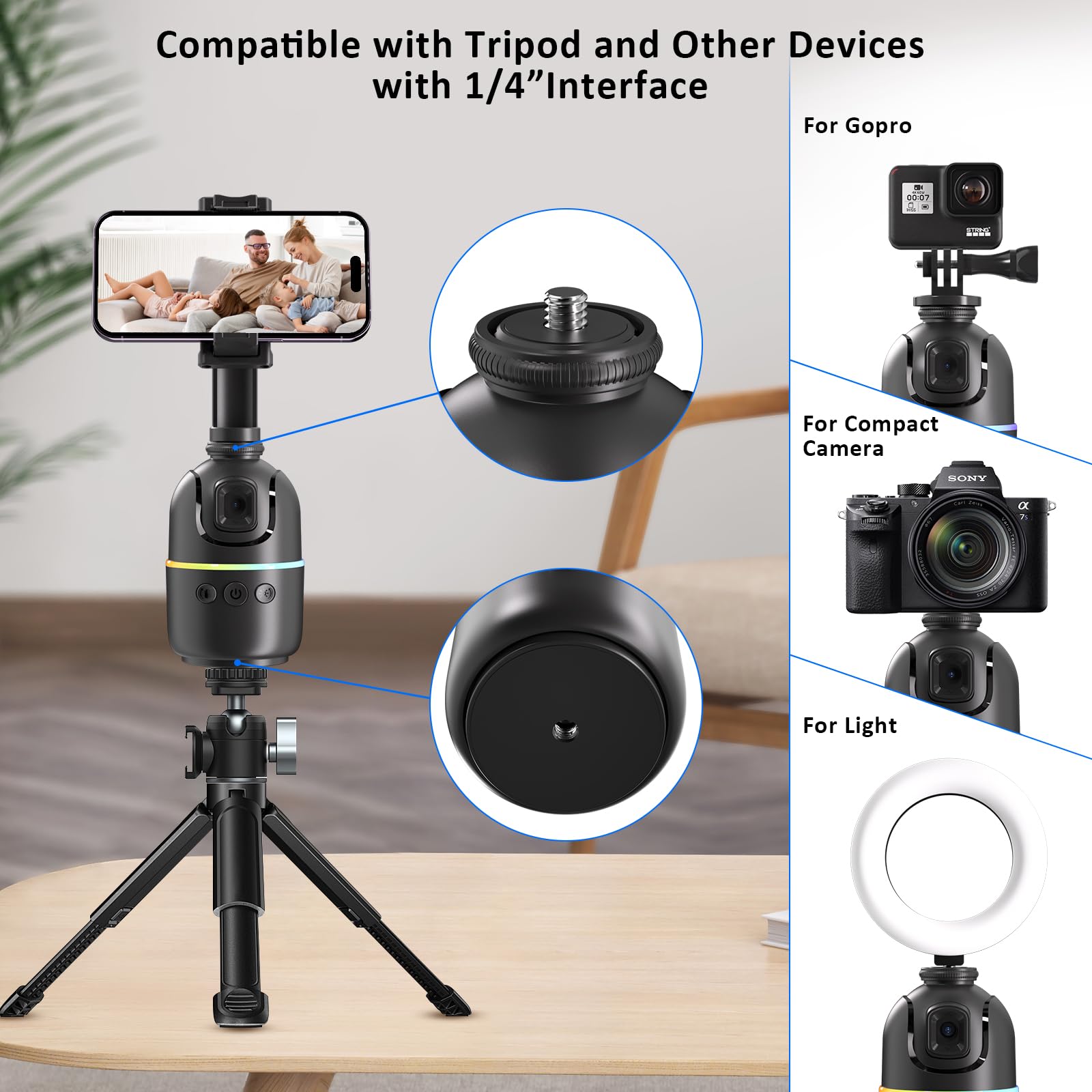 Auto Face Tracking Phone Holder for Phone, GoPro, Compact Camera, 360° Rotation Auto Tracking Mount Compatible with Tripod, Rotating Stand for iPhone for Vlog, Streaming, Video, FaceTime, TIK Tok 2