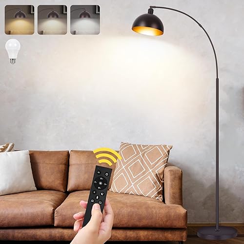 Miniatura 8 de Lámparas de pie de arco de bronce para sala de estar regulables Lámpara de arco LED de 9 W mejorada con 4 temperaturas de color, lámpara de pie