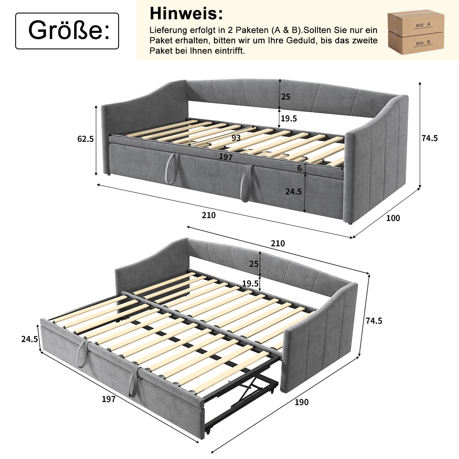 Ausziehbares Tagesbett 90/180x200 cm, Polsterbett Schlafsofa mit ausziehbarem Rollbett & Lattenrost,Schlafcouch Ausziehbar zum Doppelbett, Samt, Beige, Ohne Matratze (Grau-1)