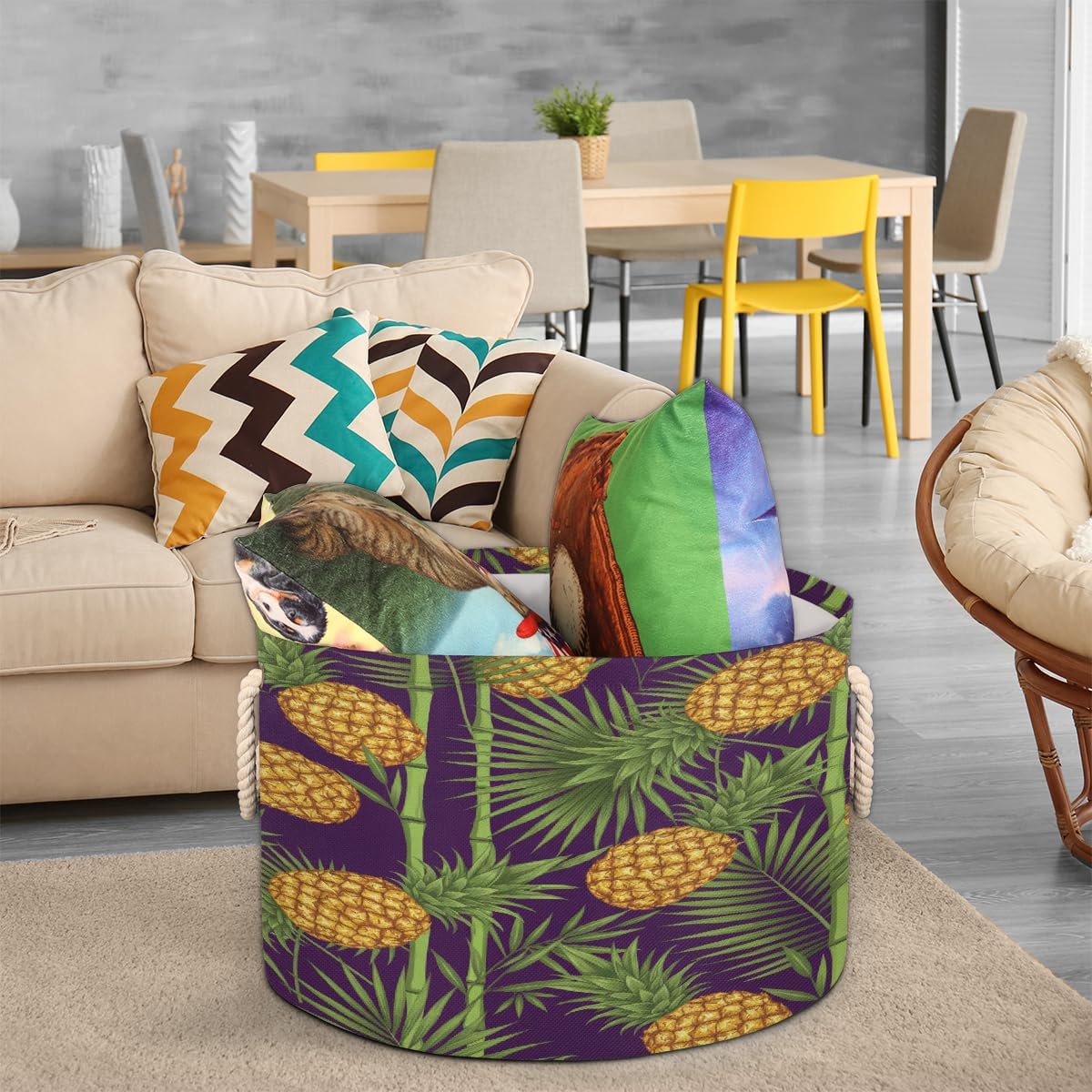 Large Storage Baskets - Pineapple Bamboo Nursery Round Collapsible Organizer Bin Box, Laundry Hamper for Kids Toys, Blanket, Bedroom Living Room Home Decor, Gift Basket, 19.4"x13.3"