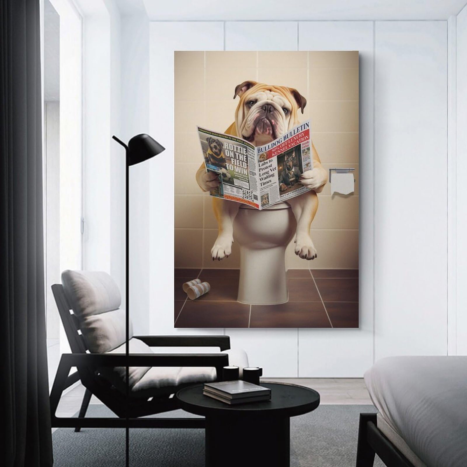Junmoney Unframe-Style-19-1 Bulldog On The Toilet Canvas Art Print 12X18inch(30X45cm), For Gallery Wall Layouts In Home Or Office, Decorative Artwork With Flexible Styling