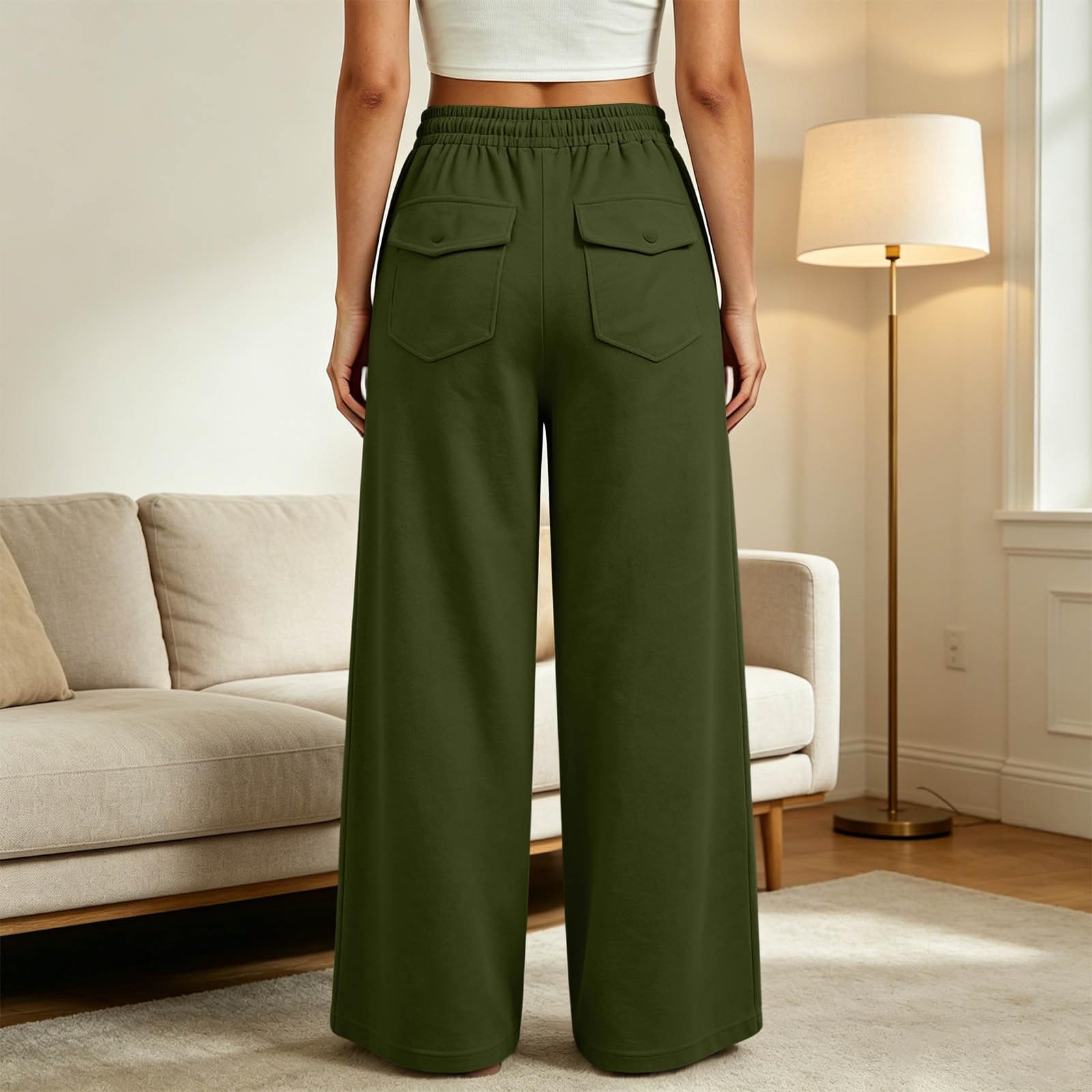 Pantalon Large Femme Cordon Taille Élastique Poches Latérales Couleur Unie
