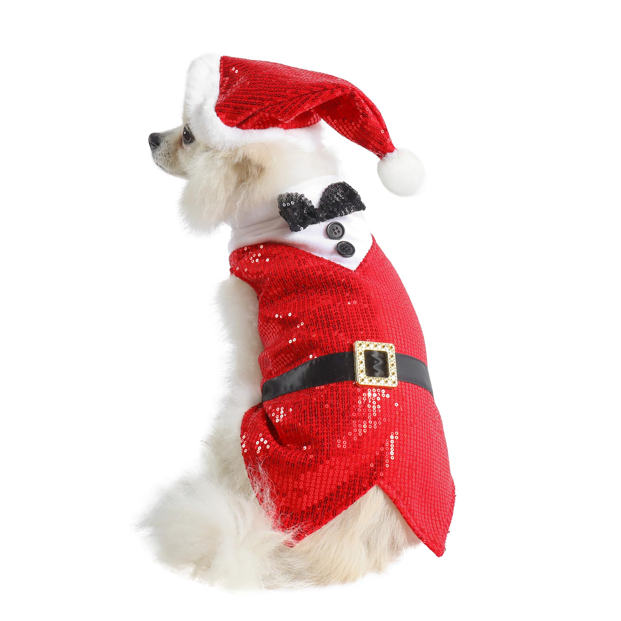 Mogoko Dog Cat Christmas Costume Sequin Dog Tuxedo Pet Clothes, Funny Pet Cosplay Costumes Suit with Santa Cap, Puppy Hoodies Outfits Warm Coat Animal
