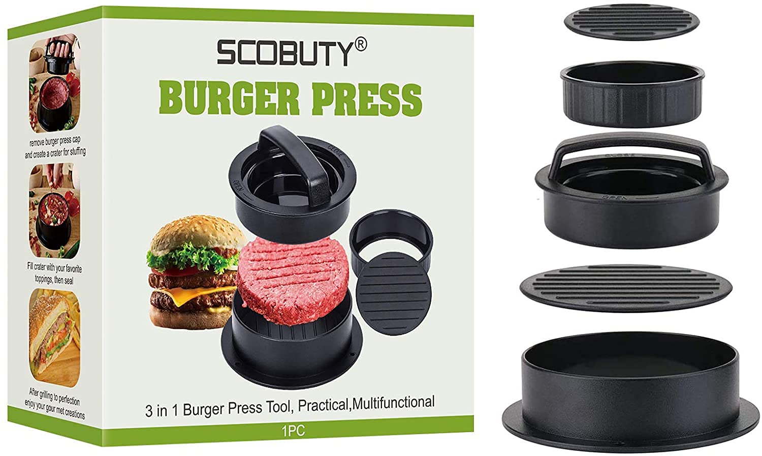 Burger Press, Hamburger Press, Hamburger Press Maker, 3 in1 Stuffed Burger Press, Non Stick Stuffed Hamburger Patty Maker Press Kit for Stuffed Burger Patties, Large 17 Litre Black Premium Convection (2pc)