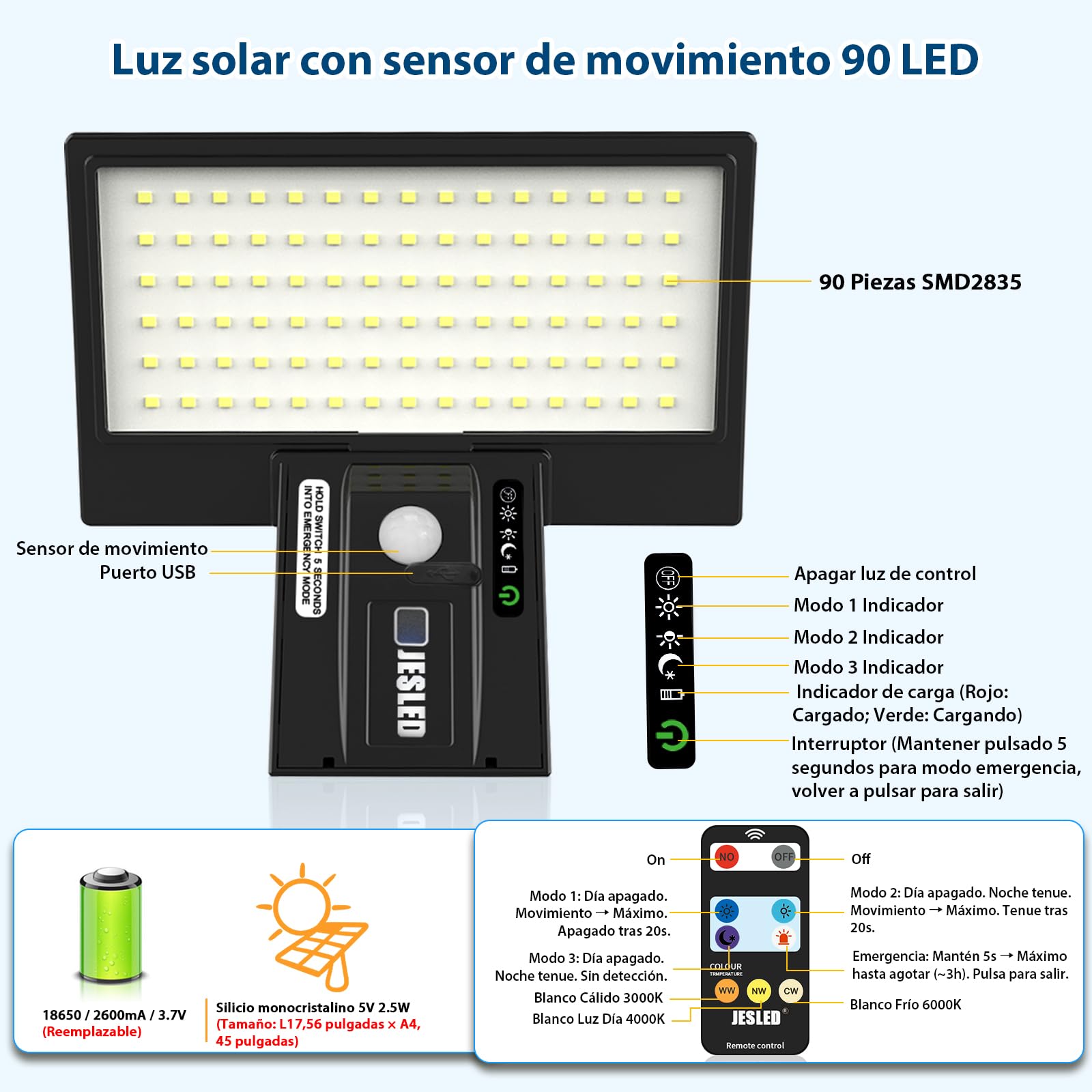 JESLED Luz Solar Exterior, 90 LEDs Focos Led Exterior Solares con Sensor De Movimiento, 2600mAh 3 Modos Luces Solares con Control Remoto, IP65 Impermeable Aplique Lampara para Jardín, 2 Paquete
