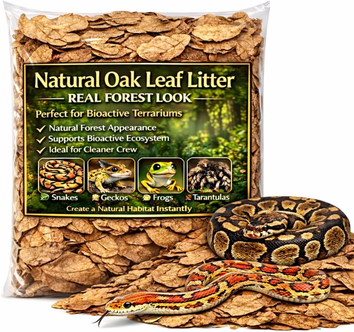 MAQIHAN Dry Oak Leaf Litter for Reptiles – 5 oz Whole Natural Oak Leaves Substrate for Isopods & Bioactive Terrarium Forest Floor Habitat, Premium Enclosure Bedding