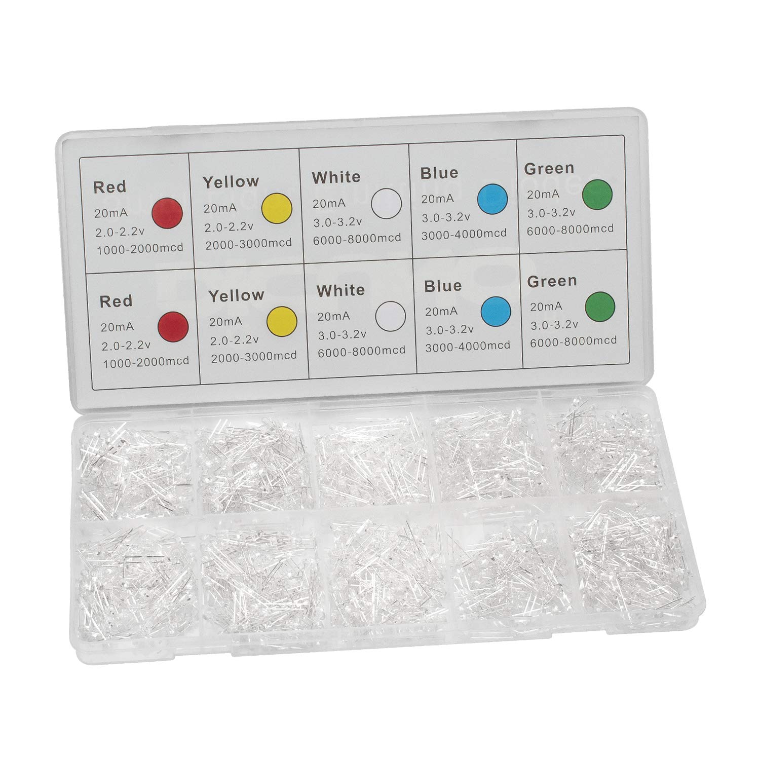DiCUNO 200 Stück 3mm LED-Dioden – 10 Farben Sortiert, Transparent, Rundkopf, Mit Widerständen, Für DIY, Basteln Und Elektronikprojekte