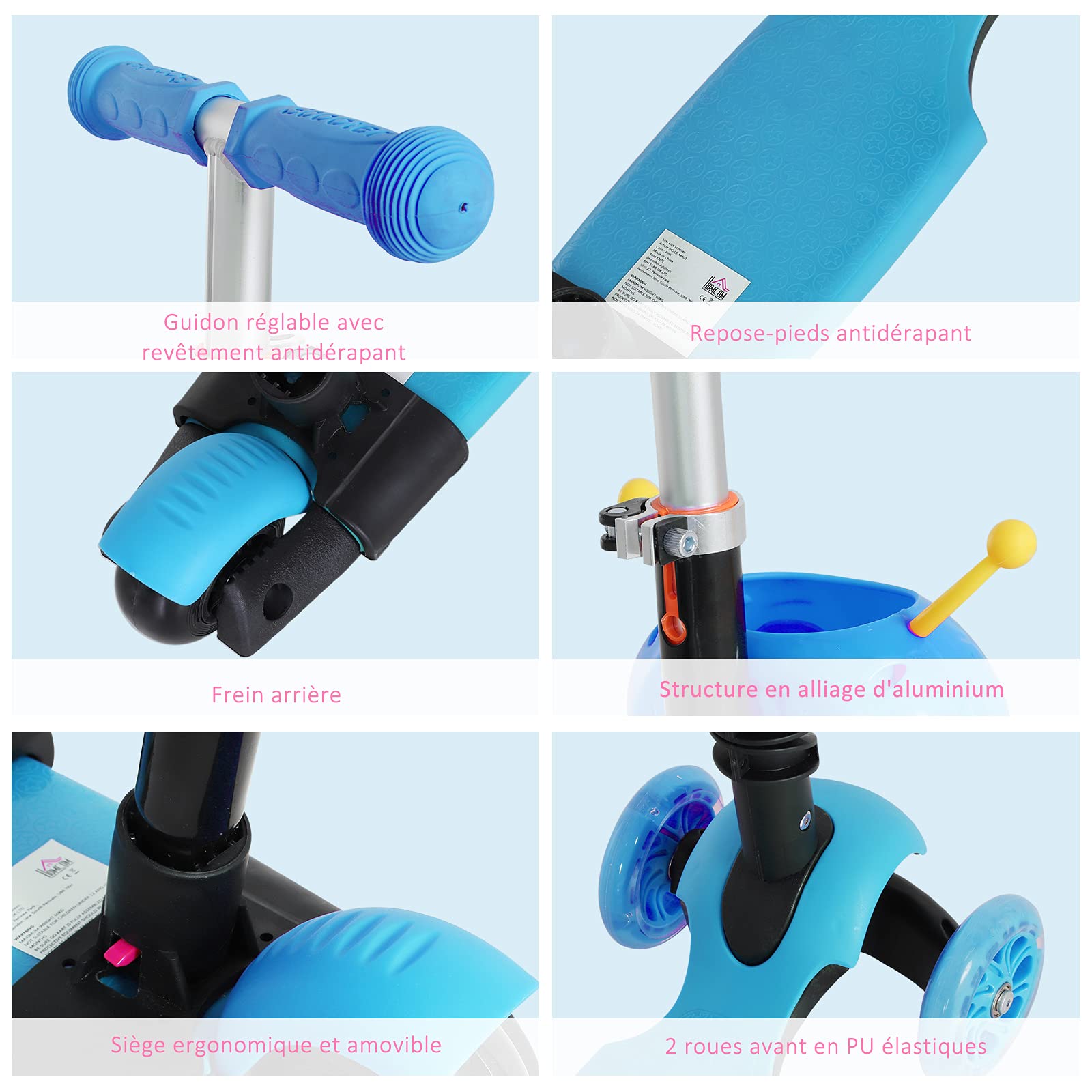 HOMCOM 3 en 1 Trottinette pour Enfants Trottinette 3 Roues évolutive Hauteur Guidon réglable Charge Max. 50 Kg Canne télescopique Selle Dossier Amovible