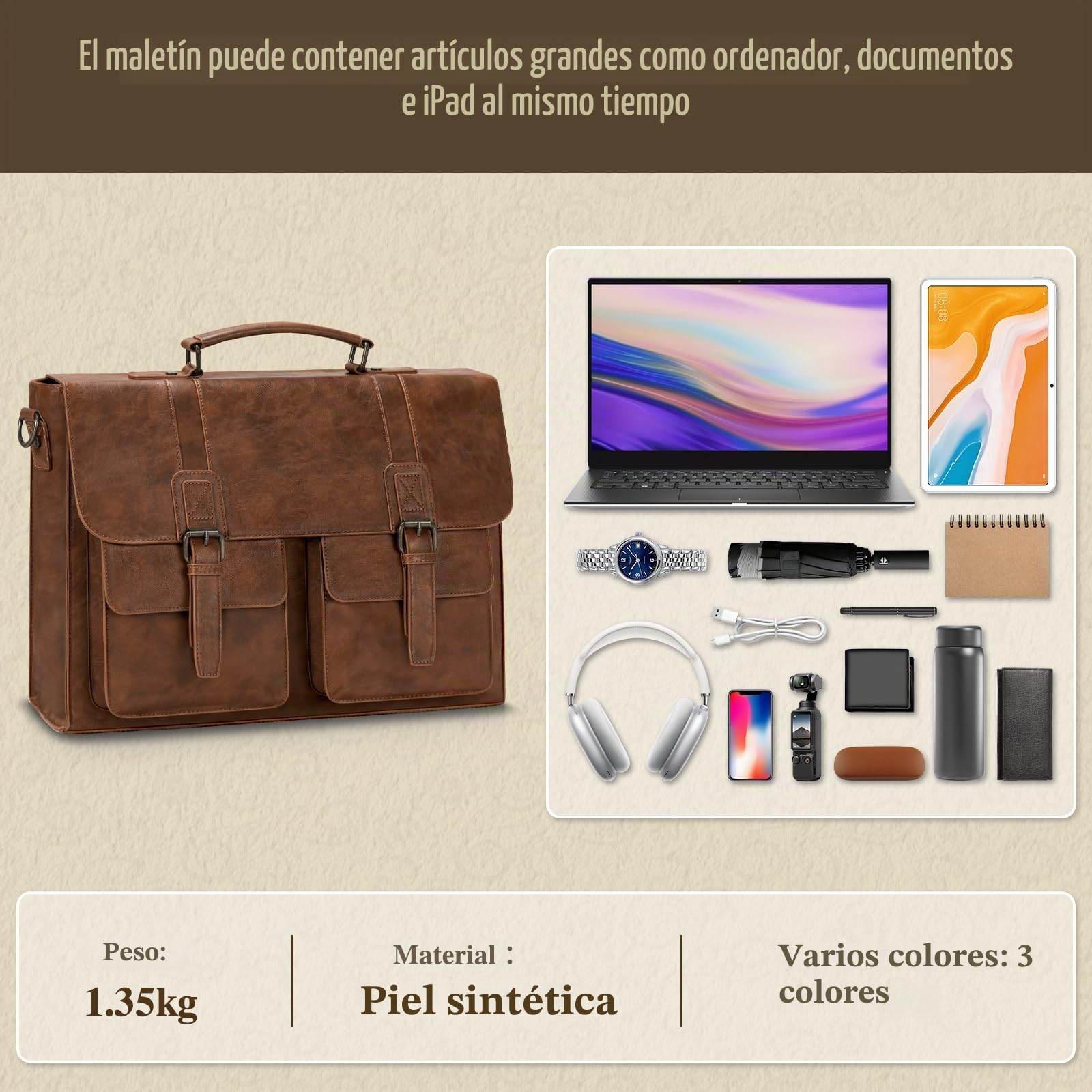 RAINSMORE Maletin Portatil 15,6 Pulgadas Piel PU Bolso de Mensajero Impermeable Bandolera Hombre Grande para Trabajo Negocios Marrón