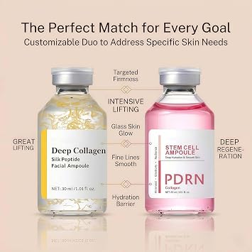 2PCS Deep Collagen Silk Peptide & PDRN Stem Cell Ampoule Set, Korean Glass Skin Serum with Sodium DNA, Anti-Ageing Peptide Serum for Face, Instant Fine Lines Smoothing & Hydrating for Women