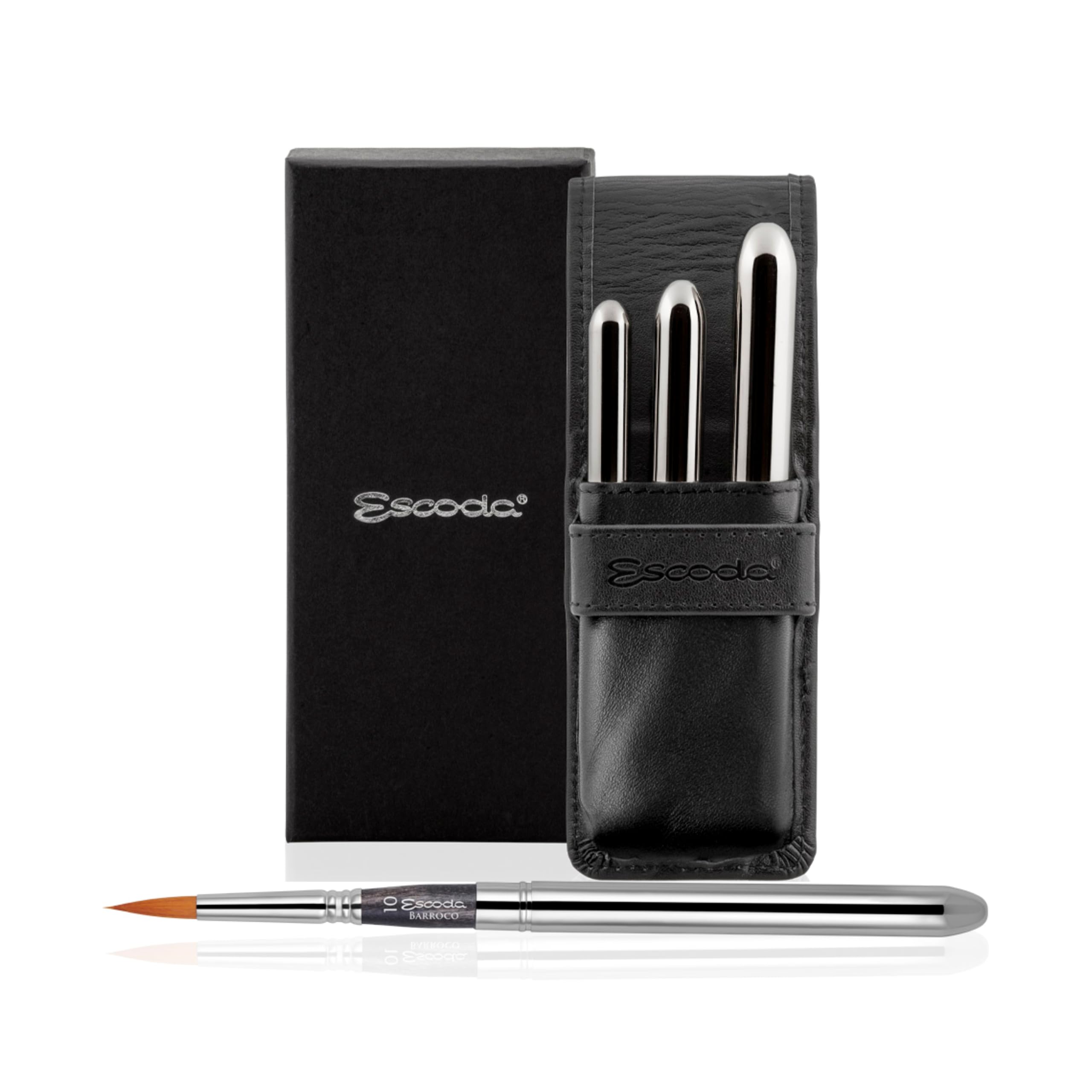 Escoda Barroco Serie Professionelles Künstler-Aquarell-Reisepinsel-Set mit Kunstleder-Brieftasche, 3 runden Reisepinseln, synthetische Gold-Toray-Faser