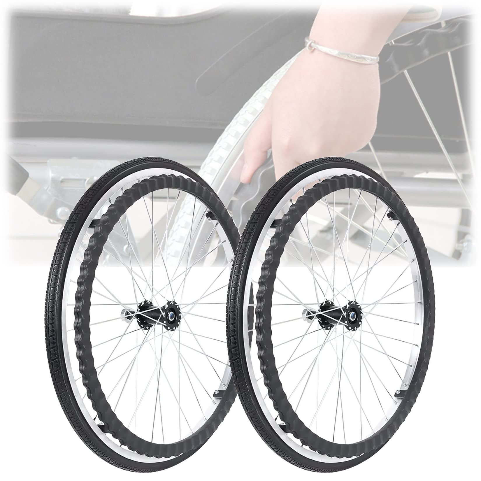 Ruedas de Repuesto para Silla de Ruedas, Paquete de 2, Ruedas traseras de 24 Pulgadas, Resistentes a pinchazos, sólidas, Color Negro