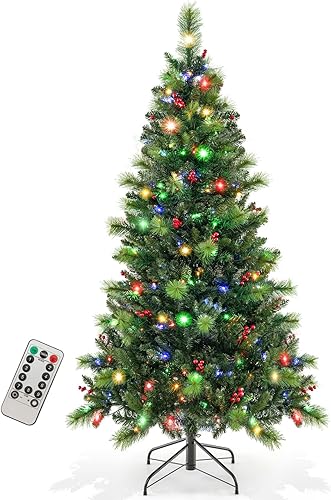 HAPPYGRILL Árbol de Navidad artificial preiluminado de 8 pies, árbol de Navidad con 1272 puntas de rama, agujas de pino, 500 luces LED multicolor y