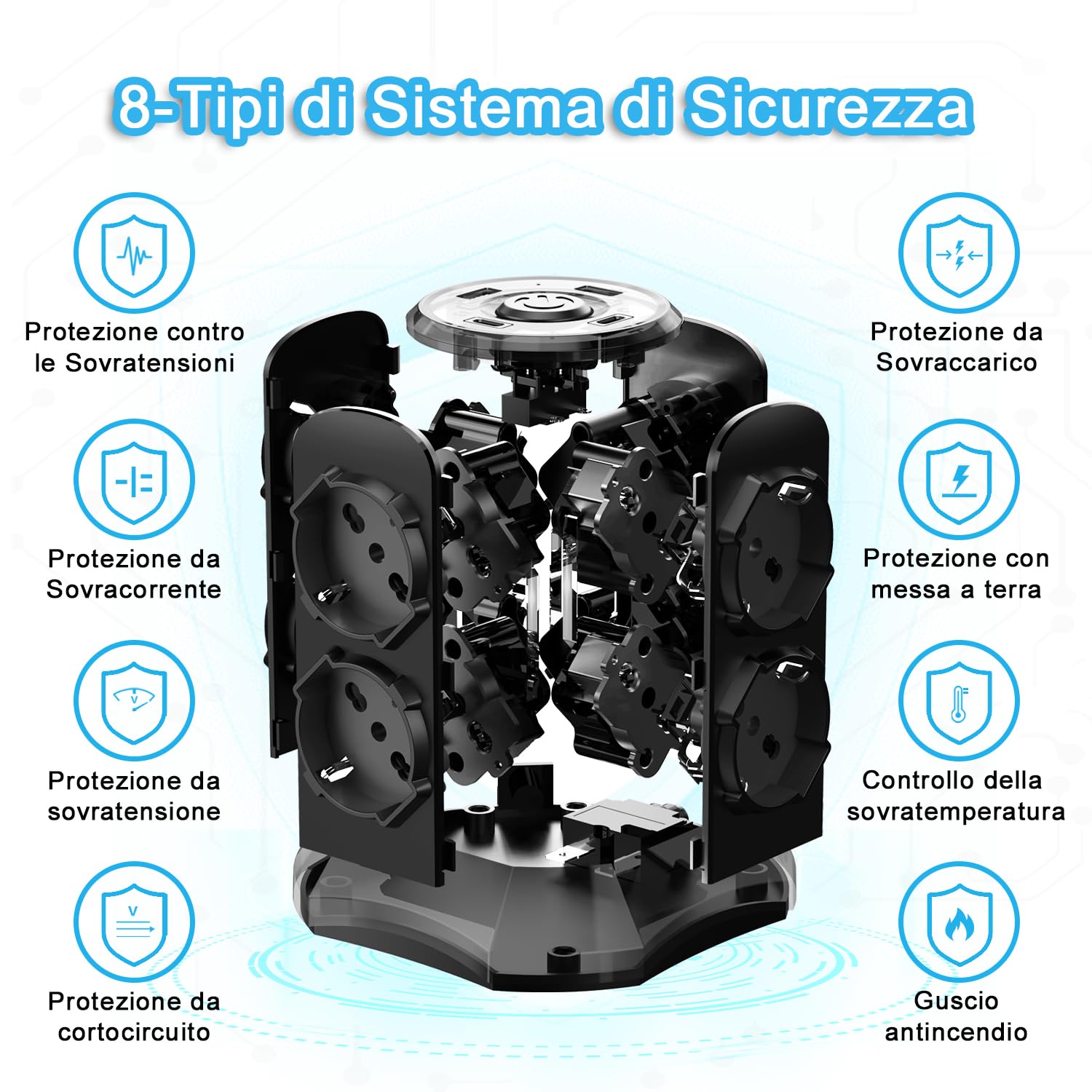 TOPREK Pionowe gniazdo wtykowe z 8 uniwersalnymi gniazdami ITA 10/16A i Schuko i 2 USB C i 2 USB A (1 20 W PD3.0 Szybkie ładowanie), kabel 5 m, 4000 W/16 A, listwa zasilająca z przełącznikiem, wtyczka