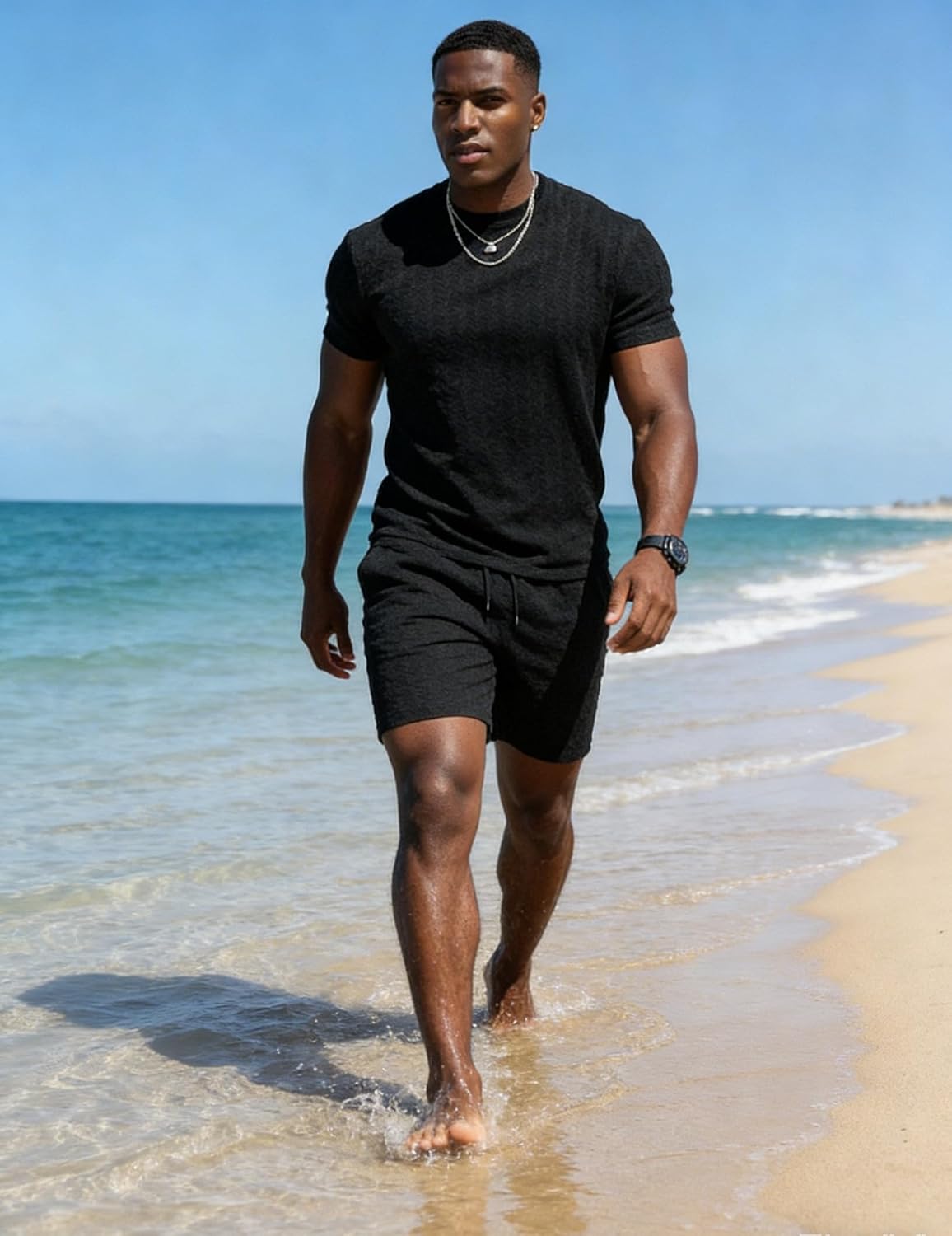 UOUA Mens Summer Outfits 2 Piece Short Set Casual Track Suits Matching Crew Neck Shirt and Vacation Shorts - Image 2