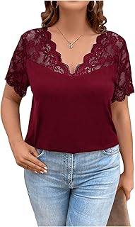OYOANGLE Blusa de manga corta con cuello en V y encaje de verano para mujer, talla grande