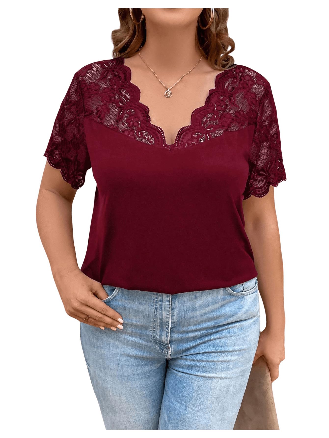 OYOANGLE Women's Plus Size Summer Lace Scallop V Neck Short Sleeve Blouse Shirt Tops