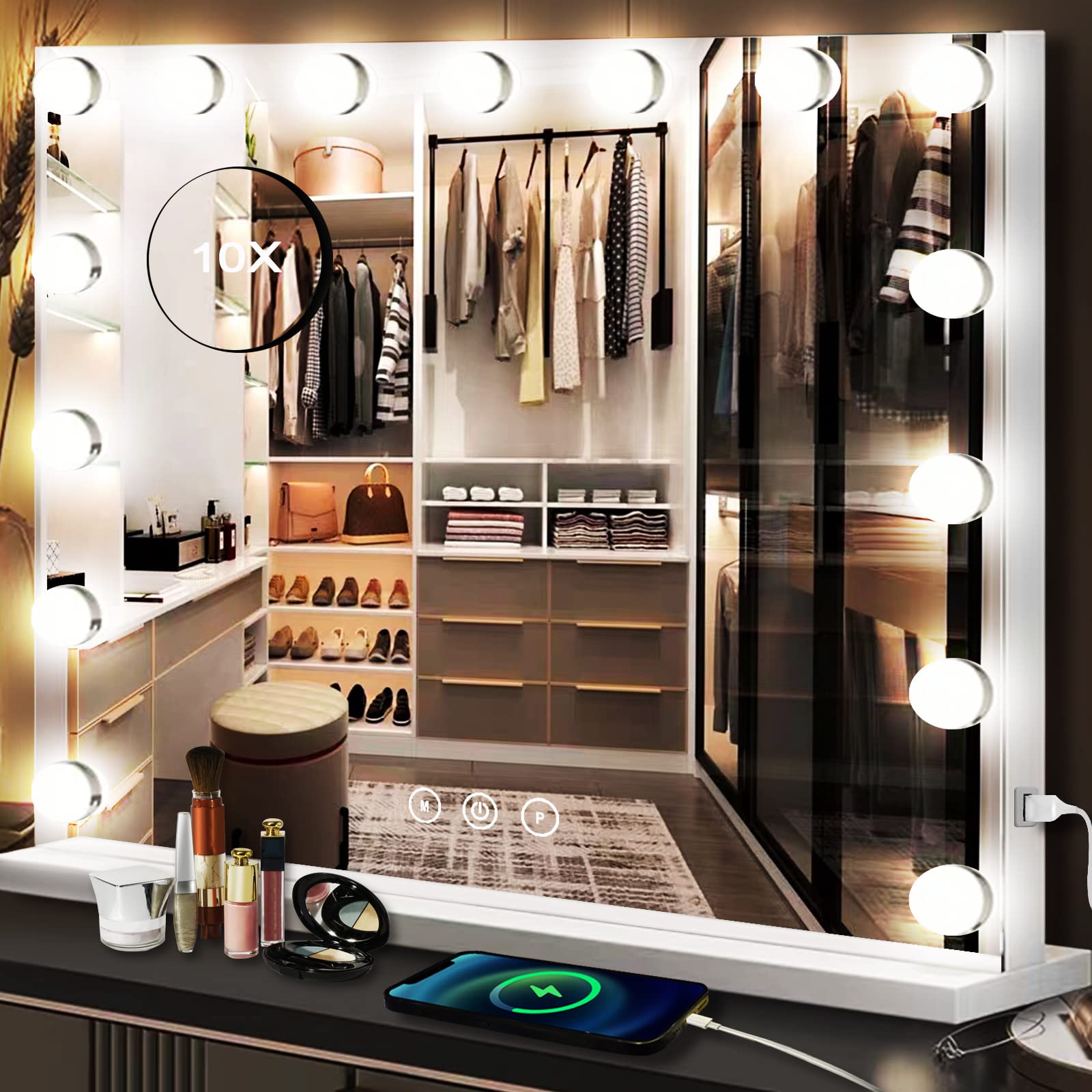 THEKLA Hollywood Makeup Vanity Mirror with Lights Dimmable 3 Color 12 Bulbs Hollywood Vanity Lighted Mirror for Bedroom Wall Detachable Base Stand X10 Magnifying Vanity Makeup Desk Table Mirror