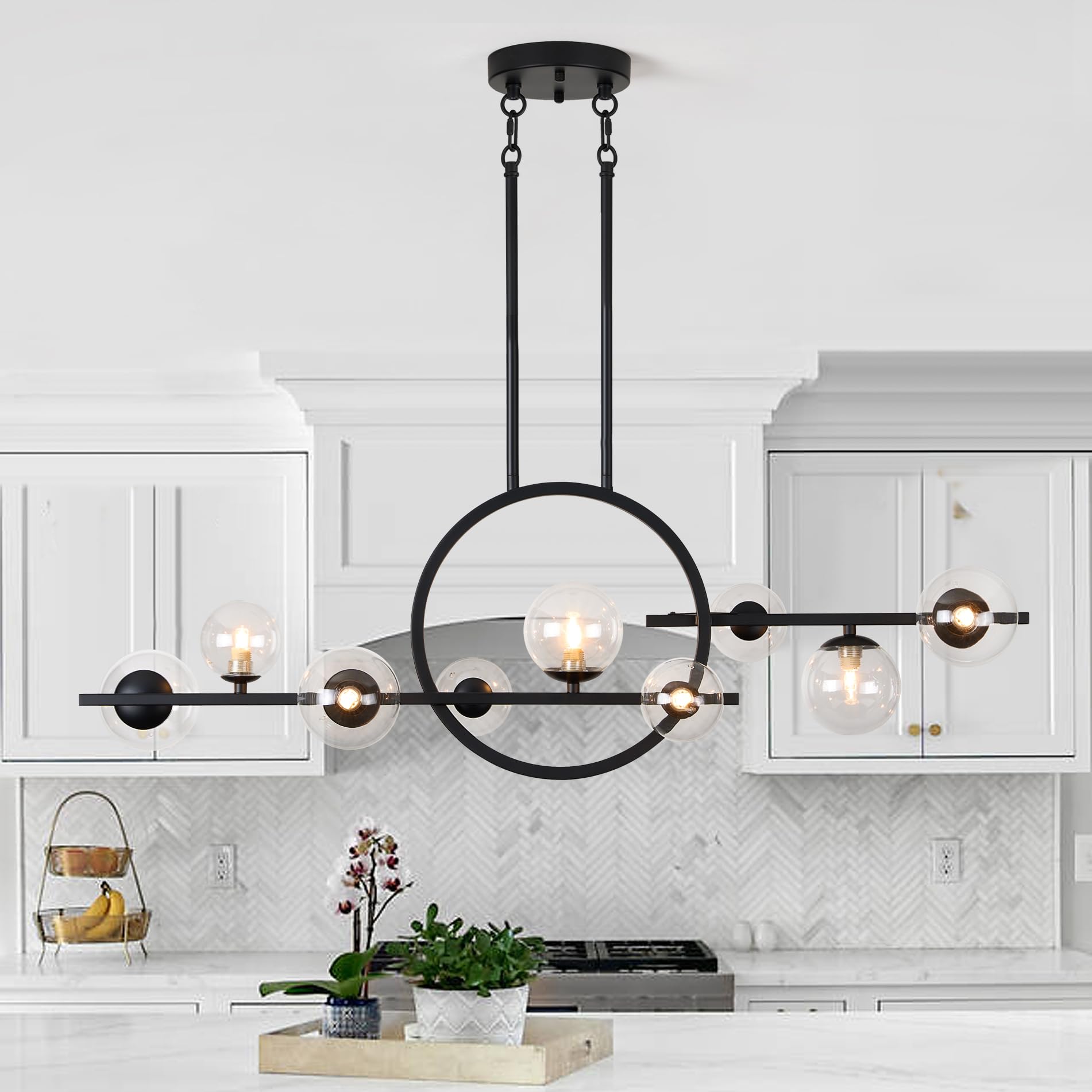 TWIG Dining Room Light Fixture/Chandelier Over Table,9-Light Kitchen Island Lighting Fixtures Ceiling Hanging for Farmhouse Modern Matte Black Pendant Linear Chandeliers with Clear Glass Globe Shade
