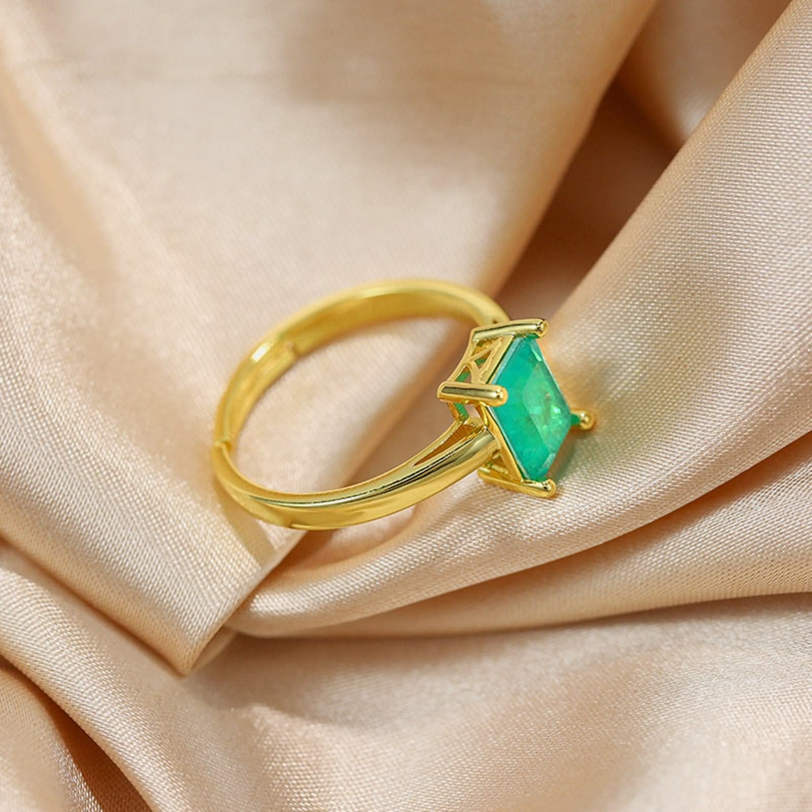 WXKAGF Verstellbarer offener Ring, quadratische Gold-Verlobungsringe mit grünem Smaragd-Edelstein, S925-Sterlingsilber, verstellbar