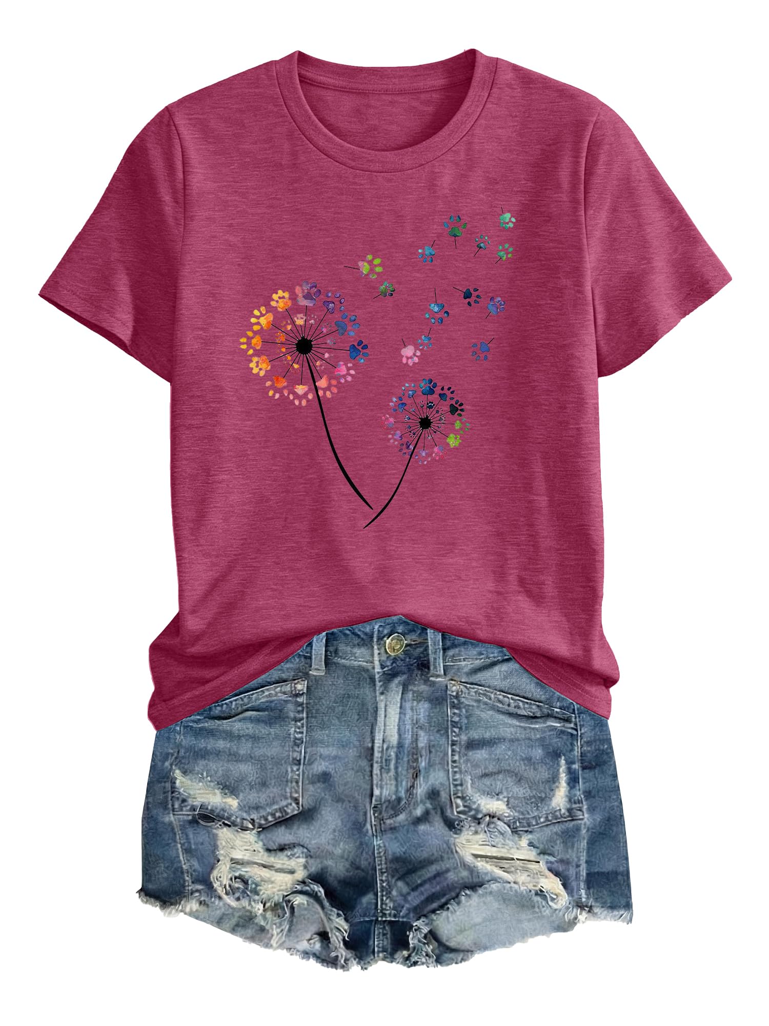 Anbech Women Dandelion Print T Shirts Summer Short Sleeve Graphic Tees | Cute Dandelion Paw Print Tshirt Casual Crewneck Loose Fit Flower T-shirts Teen Girls Colorful Comfy and Soft Daily Wear