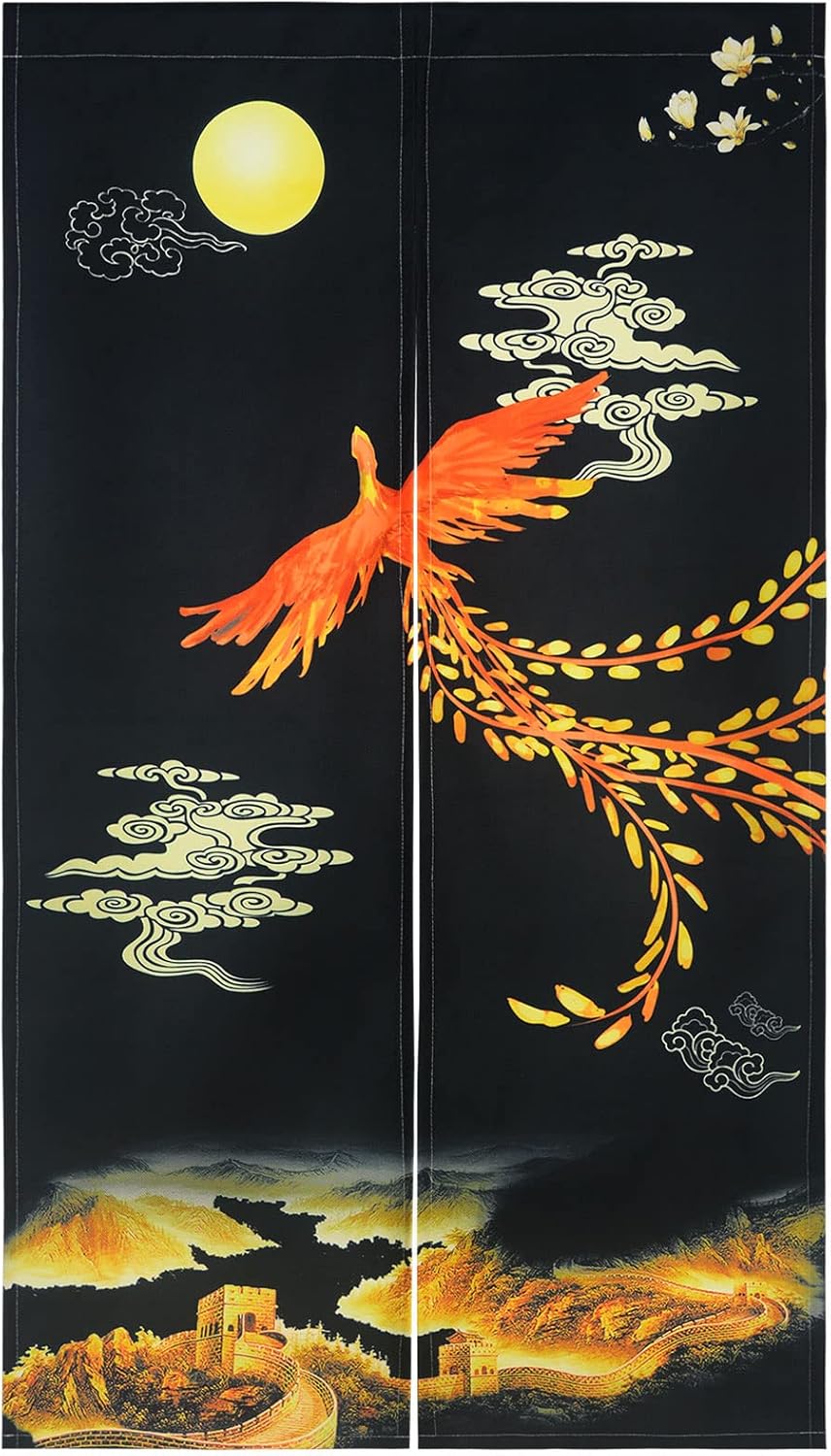LIGICKY Chinese Style Japanese Noren Doorway Curtain Traditional Golden Phoenix Great Wall Full Moon Printed Asian Window Treatment Hanging Door Tapestry for Sushi Kitchen Home Decoration 33.5" x 59"
