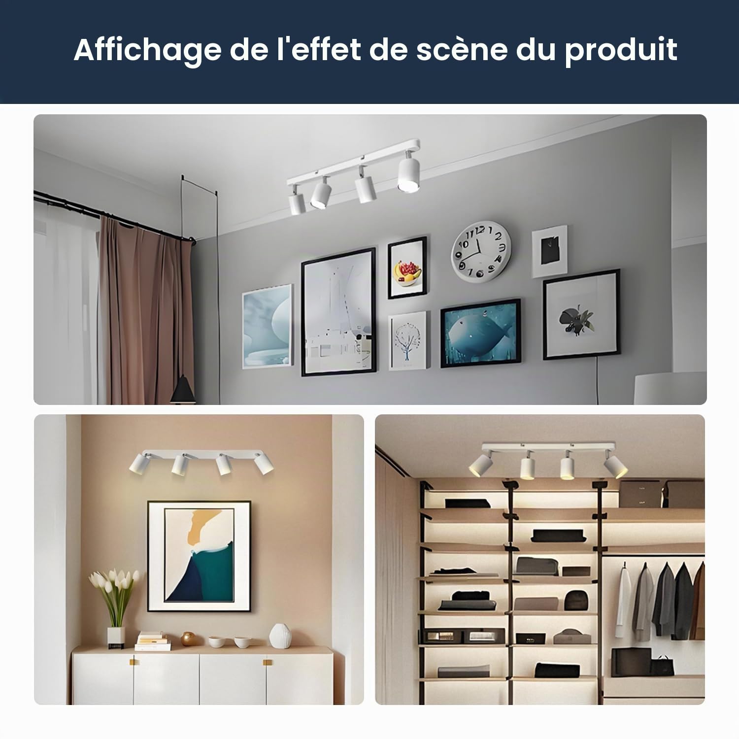 Plafonnier 4 Spot, GU10 Plafond Spot Blanc Chaud 3000K 5W 430LM, Plafond Lampe Rotatif Peut être Monté au Plafond ou au mur, Lampe Spot à Angle Réglable