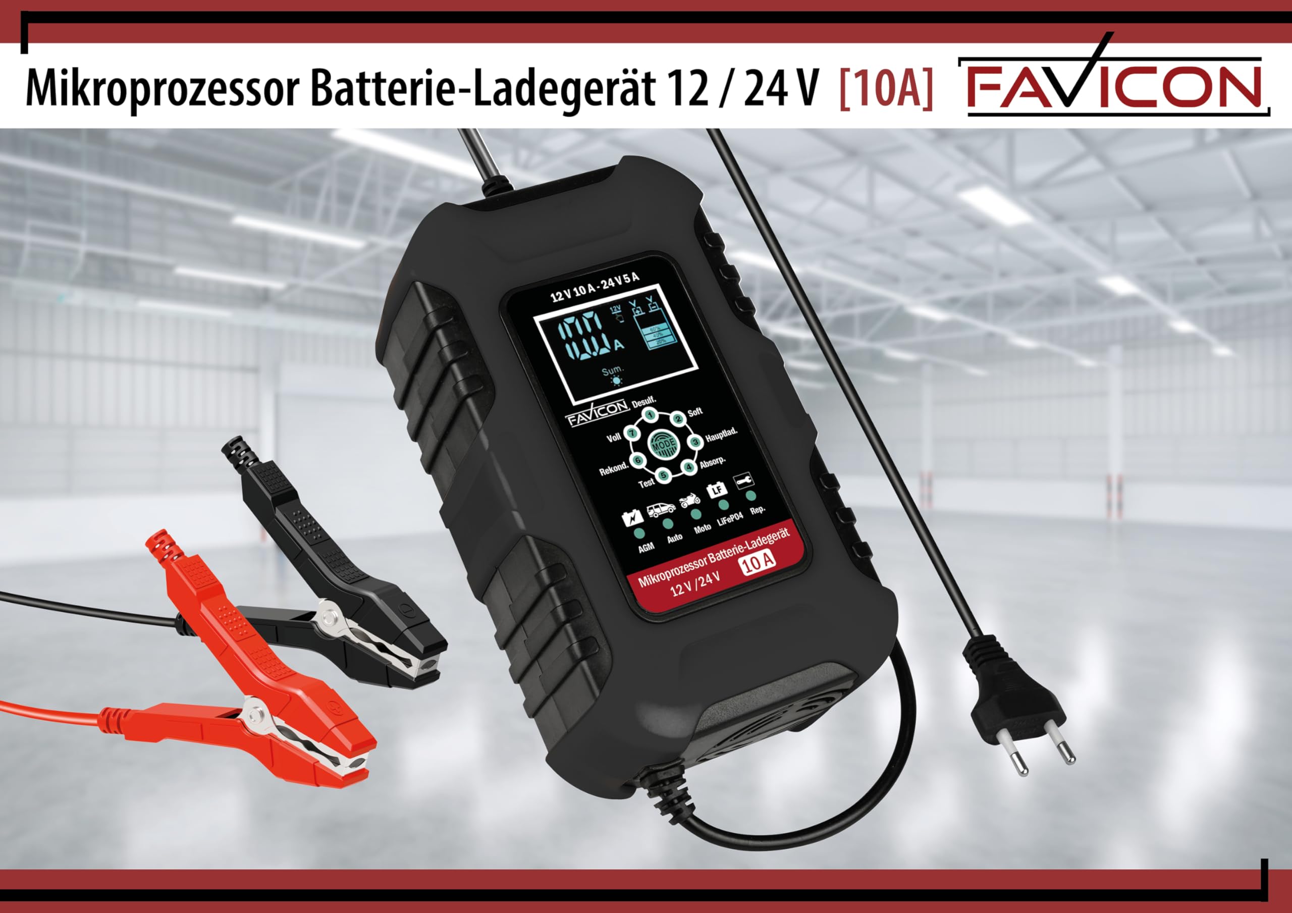 FAVICON Cargador de batería 12 V/24 V – 10 A | Cargador inteligente para baterías AGM, gel, húmedo y ácido de plomo | Tecnología de carga de 7 niveles, análisis de batería y carga de mantenimiento