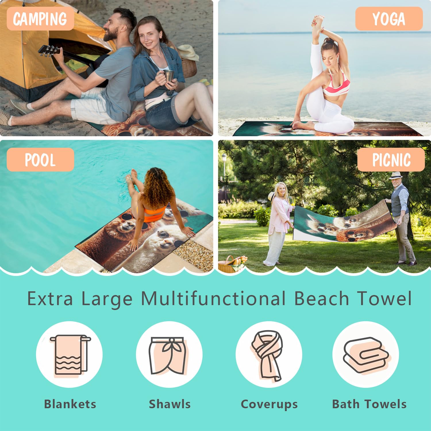 Duży ręcznik plażowy z mikrofibry, 90 x 180 cm – szybkoschnący i kompaktowy ręcznik/ręcznik plażowy, alpaka z motywem okularów przeciwsłonecznych, ręcznik kąpielowy na podróż, urlop, kemping