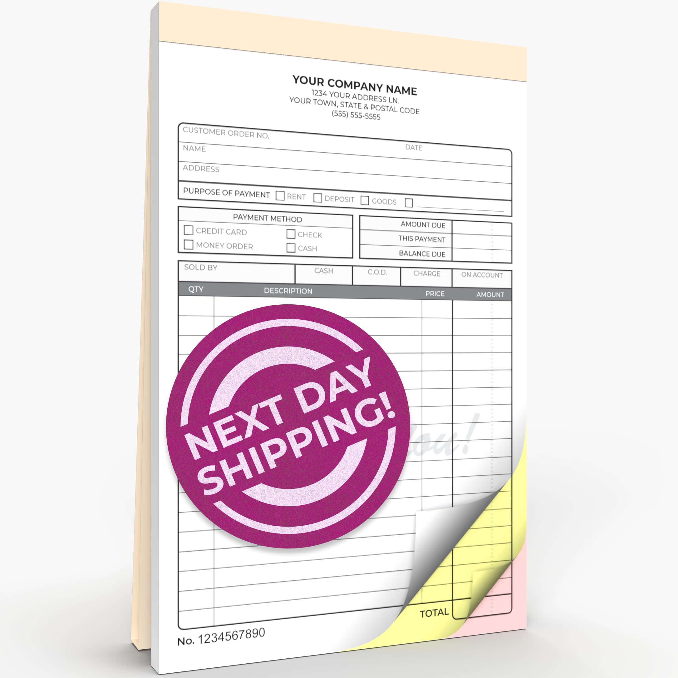 Custom 5.5" x 8.5" Carbonless NCR Books in 3-Part Triplicate Invoices, Receipts, Work Orders, Sales Orders, Purchase Orders, Estimates, Quote Forms with Your Company/Business Name (66 Sets)