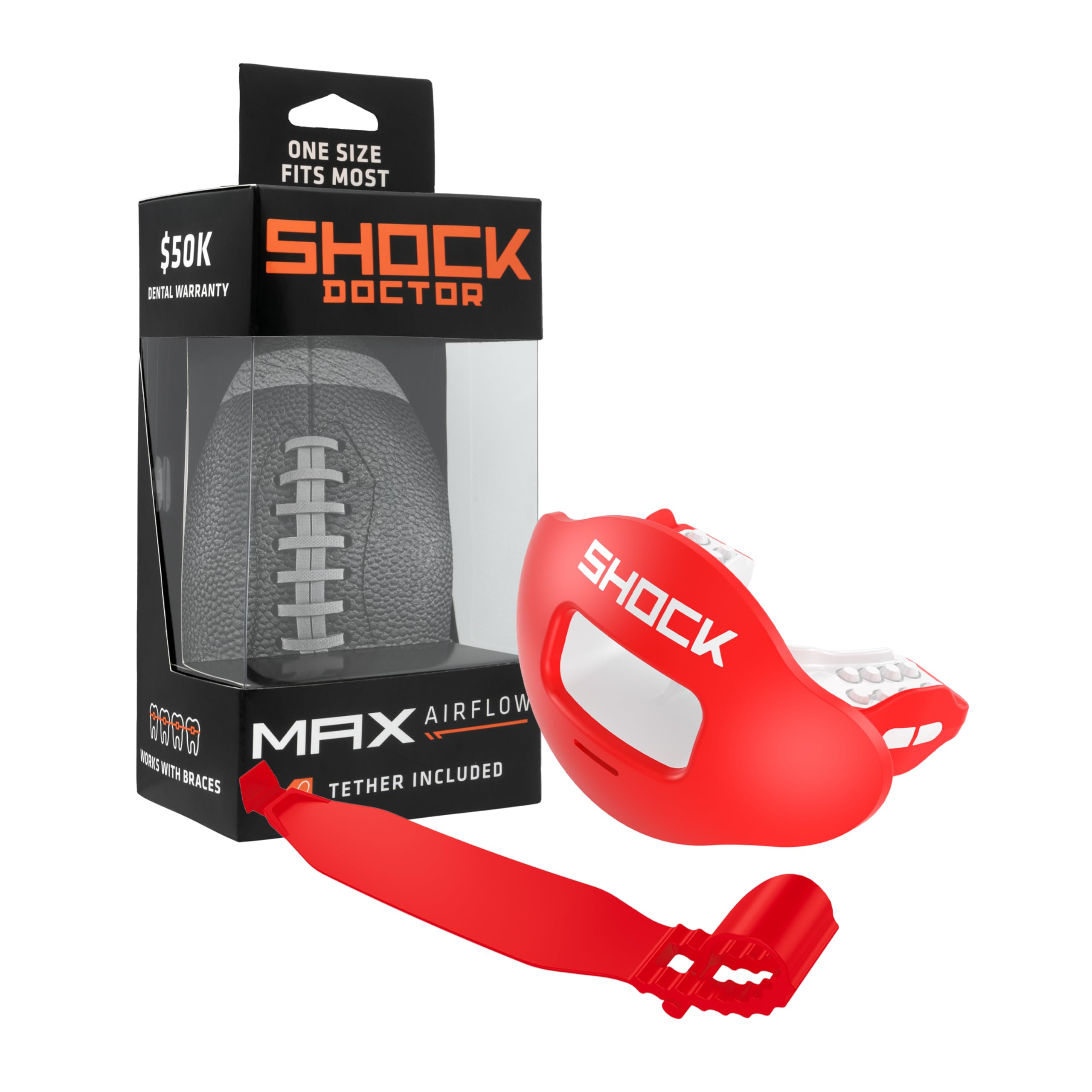 Shock Doctor Paradenti per labbra da calcio per adulti e ragazzi, con cinghia, traspirante, ampia apertura, bocchino da calcio per giovani e adulti OSFA, Shock Doctor paradenti Max Airflow