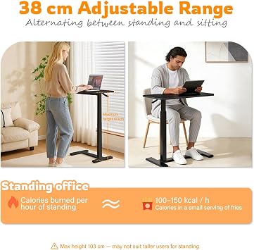Overbed Table with Wheels, Hospital Bed Table, Pneumatic Height Adjustable (65-103cm) Standing Bedside Laptop Desk for Bed/Sofa/Home Office, Solid Wood 68x36cm, 15kg Load