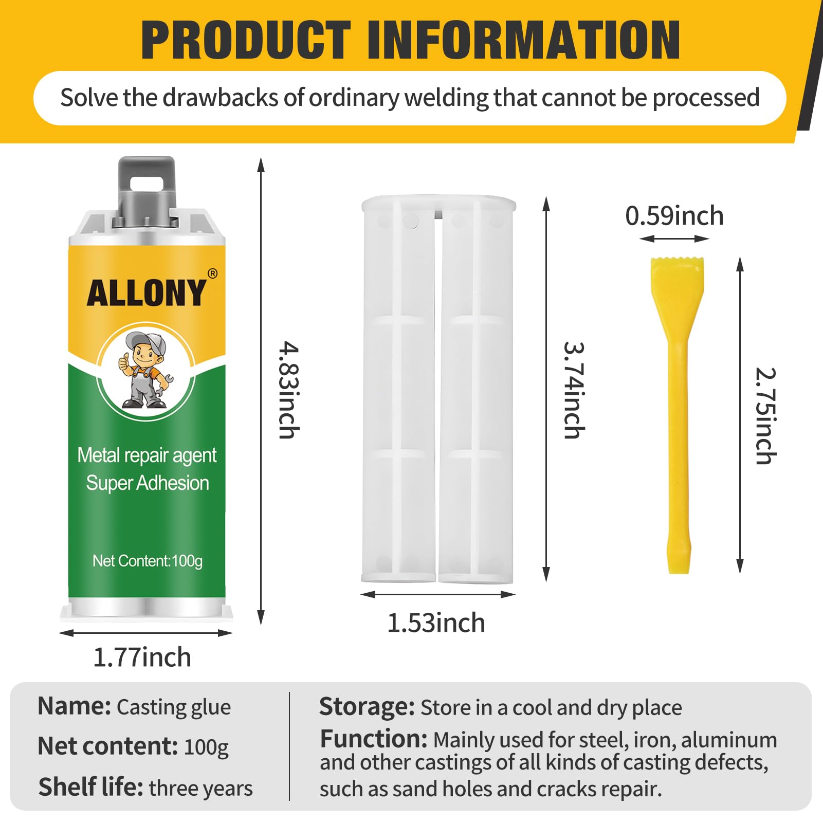 Allony Colla Bicomponente per Metallo, 2 Pezzi Metal Repair Paste, Bicomponente per Metalli, AB Colla Metallica, Pasta per Riparazione Metallo Saldato per Acciaio, Ghisa (100G*2)