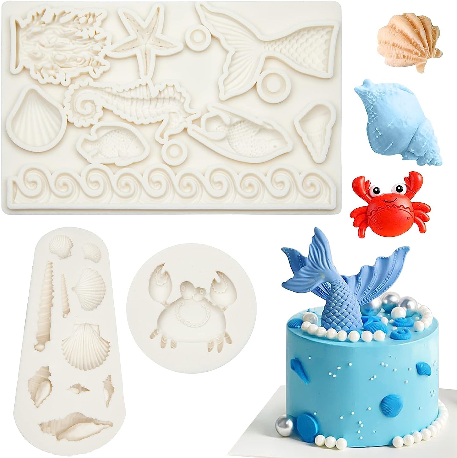 Azonee 3 PCS Marine Fondant Silicone Moulds Mermaid Seashell Crab Starfish Seaweed Fish Seahorse Sea Life Fondant Mould for Baking Cupcake Sugarcraft Cake Decoration for Crafts Adults