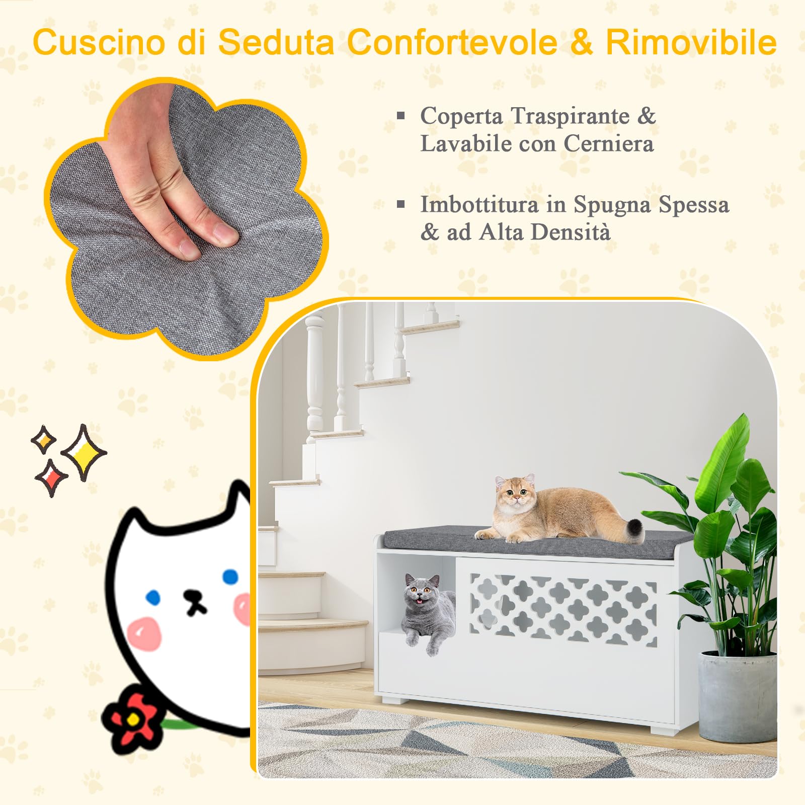 GYMAX Casetta per Gatti 2 in 1 con Apertura a Cerniera, Cuscino Rimovibile, Mobile Multifunzione per Lettiere per Gatti in Stile Moderno per Camera da Letto, Soggiorno, 90 x 48,5 x 52 cm, Bianco