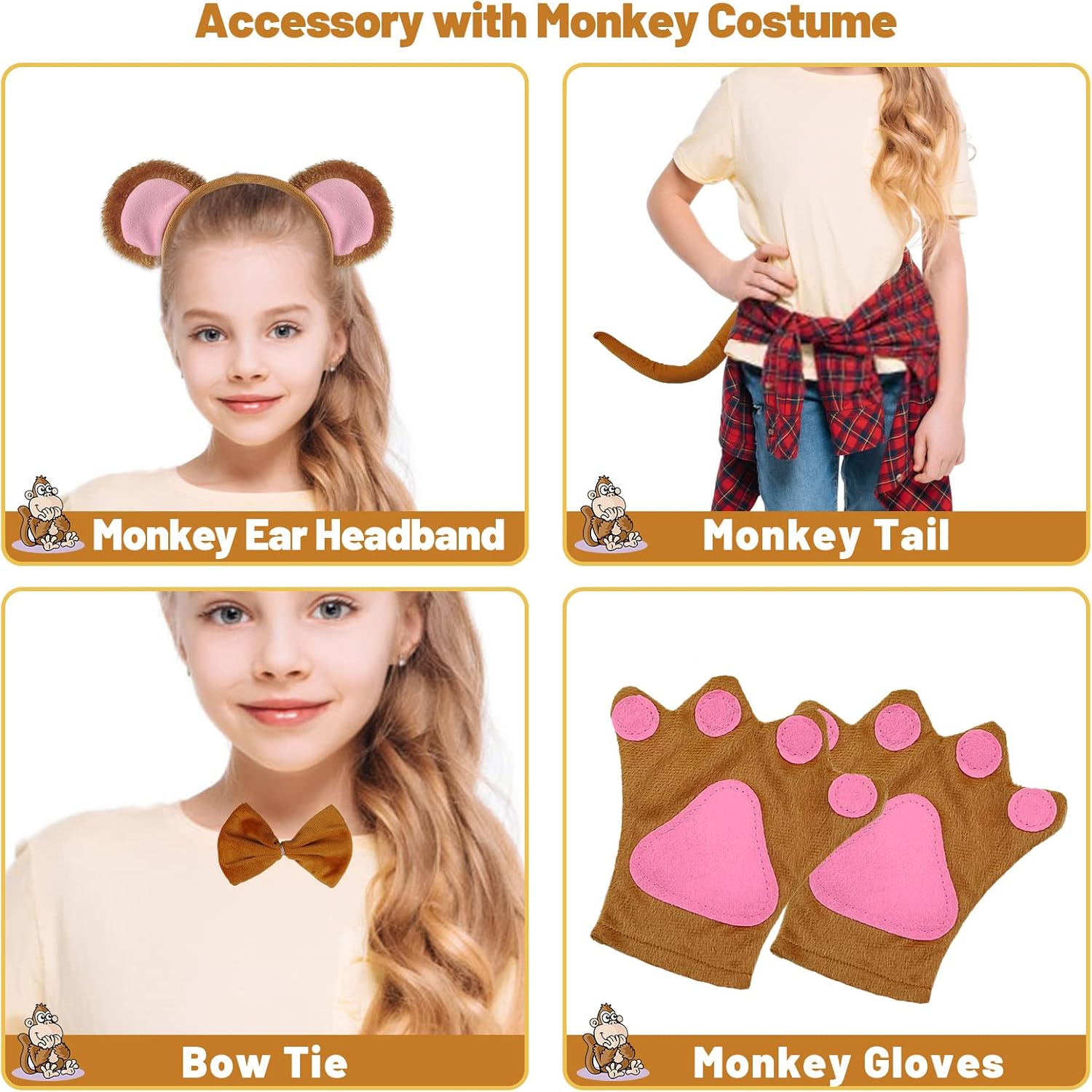 Condition photo showing New/Like New for HyperFun Monkey Costume Ear Headband Bowtie And Tail Set, Animal Fancy Costume Accessories for Halloween Party (cute monkey)