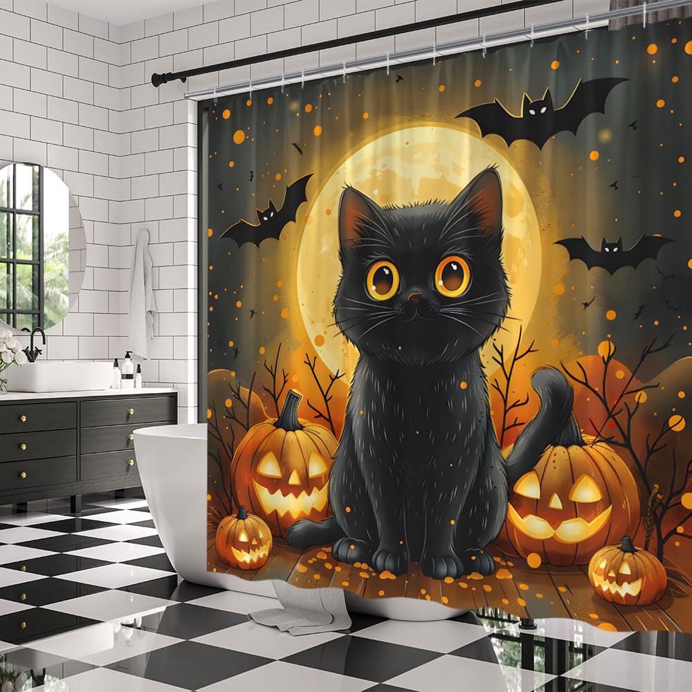 Cortina De Ducha Halloween | 180x180 Cm, Diseño Castillo Espeluznante, Calabazas, Murciélagos