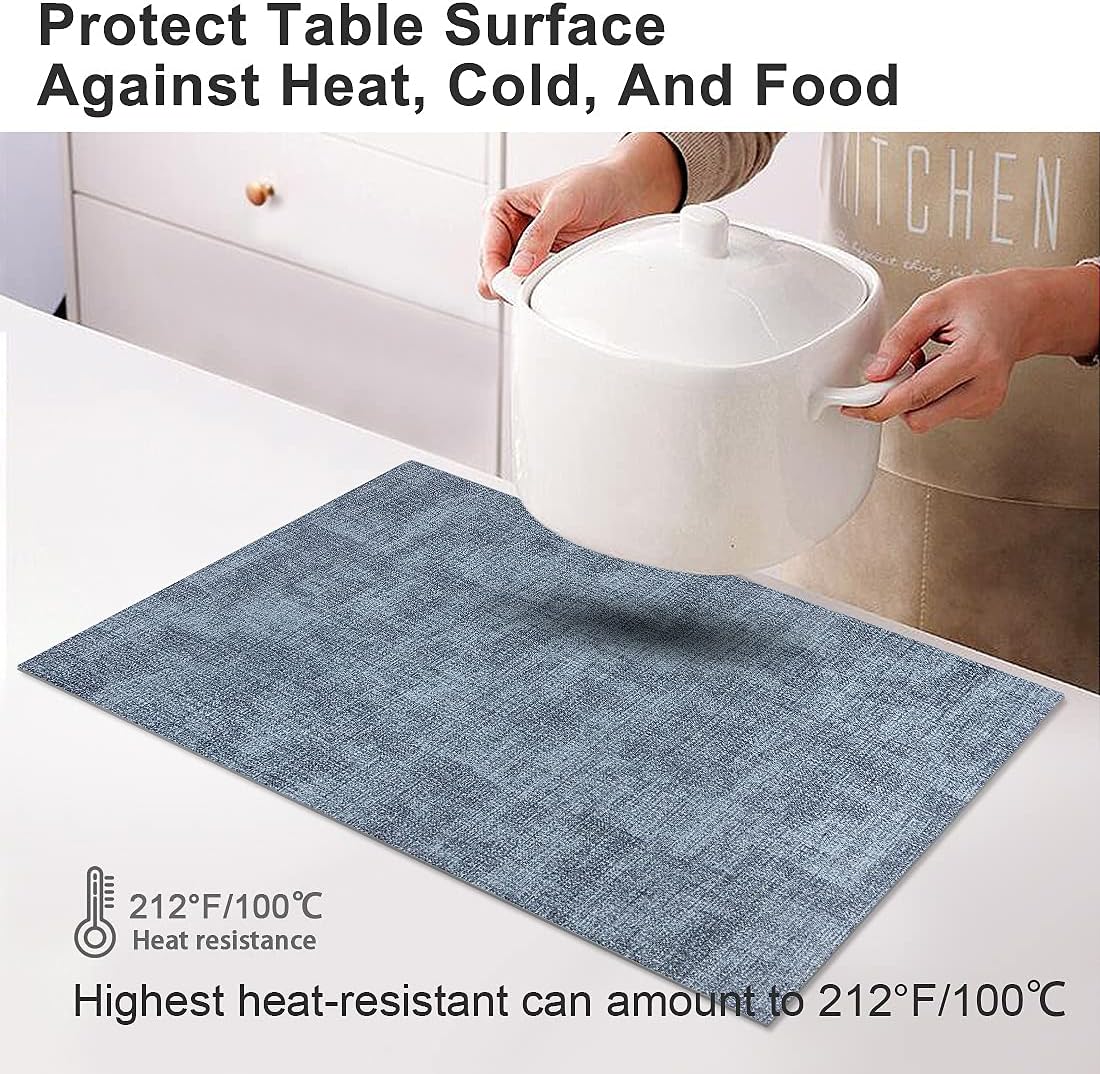 Leather Heat Resistant Placemats Set of 6 Waterproof Wipeable Washable PU Table Mats,Easy to Clean Anti-Slip Place Mats (Blue, 6)
