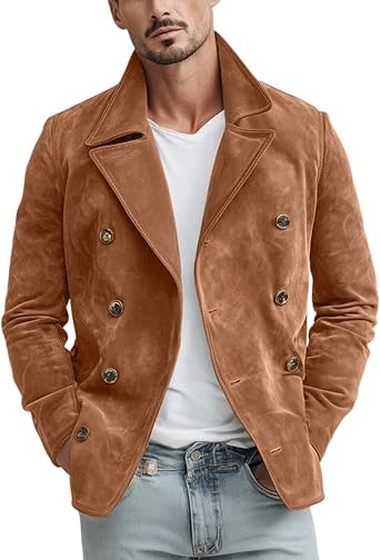 Men's Suede Jacket Double Breasted Vintage Coat Casual Autumn Warm