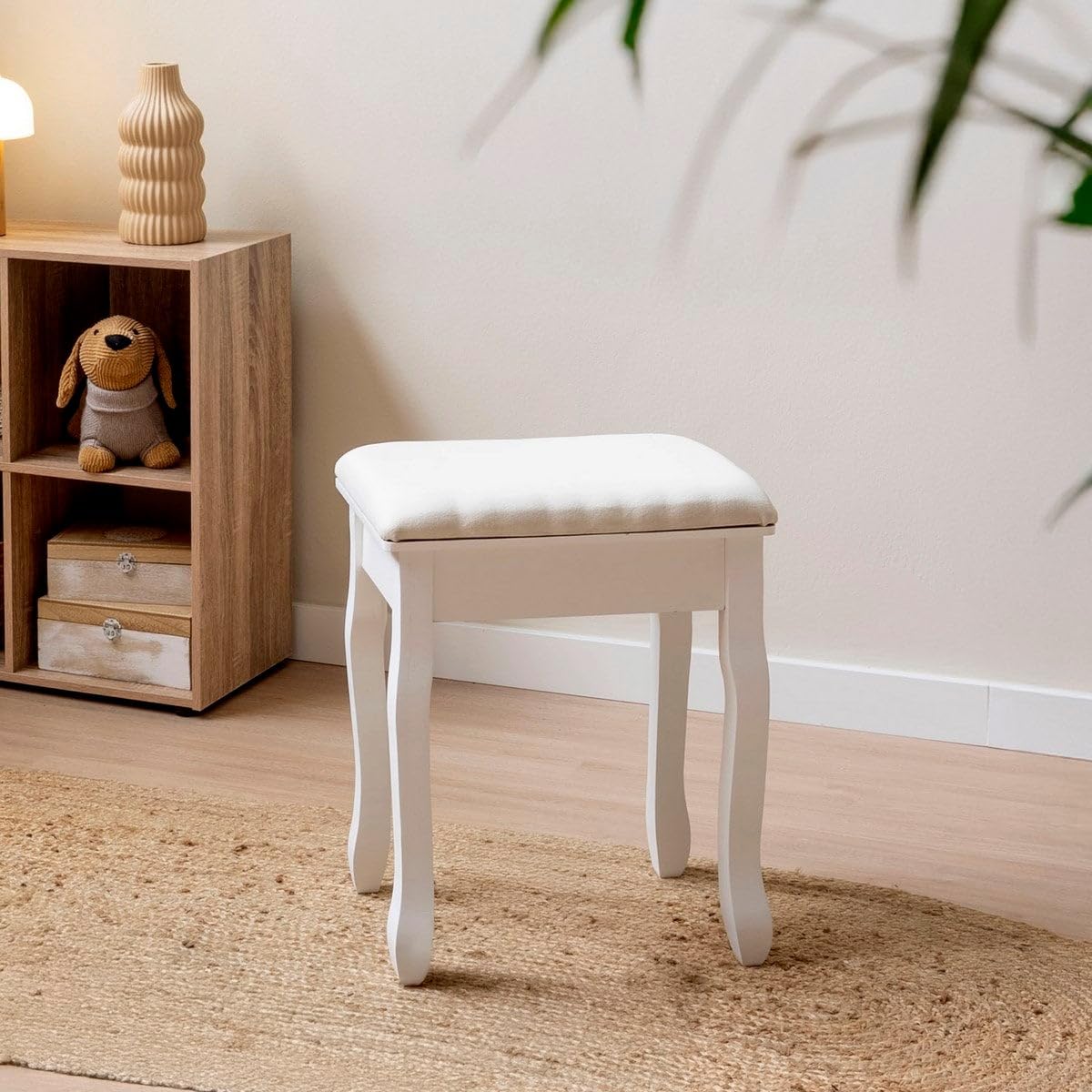 LOLAhome Banqueta de Tocador Blanca con Asiento Tapizado, Madera de Paulonia 50x30x39 cm, Estilo Clásico, Taburete para Dormitorio y Maquillaje