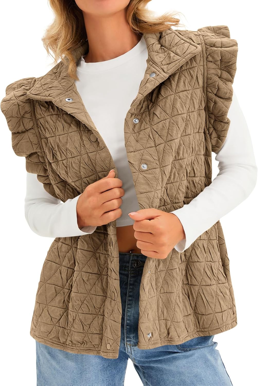Cicy Bell Women Ruffles Puffer Vest Sleeveless Button Down Padded Jacket Gilet Trendy Spring Outerwear