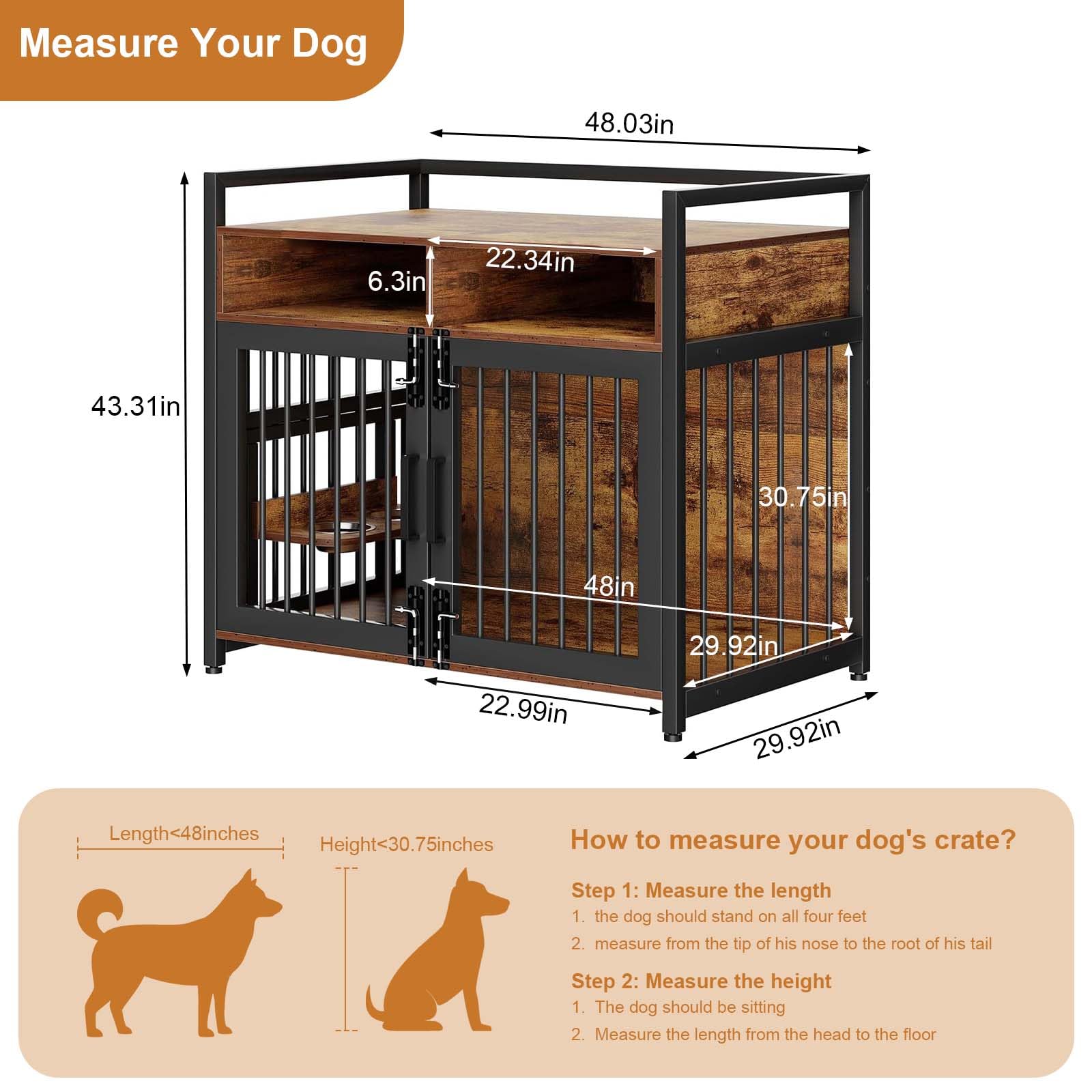 Hundekäfig Möbel Mit Lagerregal, 122x76x110Cm, Hundebox Möbel Mit 360° Drehbaren Hundenäpfen Und Mit 2 Türen, Hochbelastbarer Hundekäfig Für Zuhause, Hundeschrank Für Große Und Mittlere Hunde