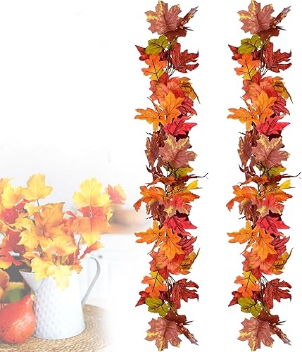 Fall Leaf Garland, Autumn Foliage Mantel & Table - Autumn Thanksgiving Fall Decor 5.9Ft/Piece Easy Hanging Artificial Maple Leaf Garland-2pack