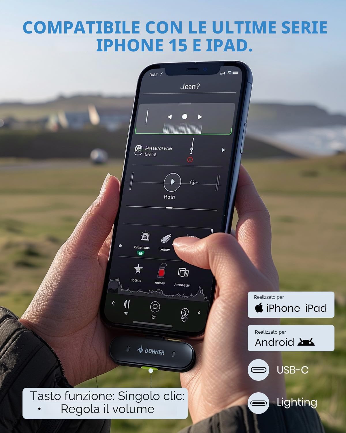 Donner Microfono lavalier wireless con tipo C per iPhone 15, microfono da bavero plug-play per iOS e Android con cancellazione del rumore, 305M 40H 48KHz 24Bit, mini microfono professionale a doppio