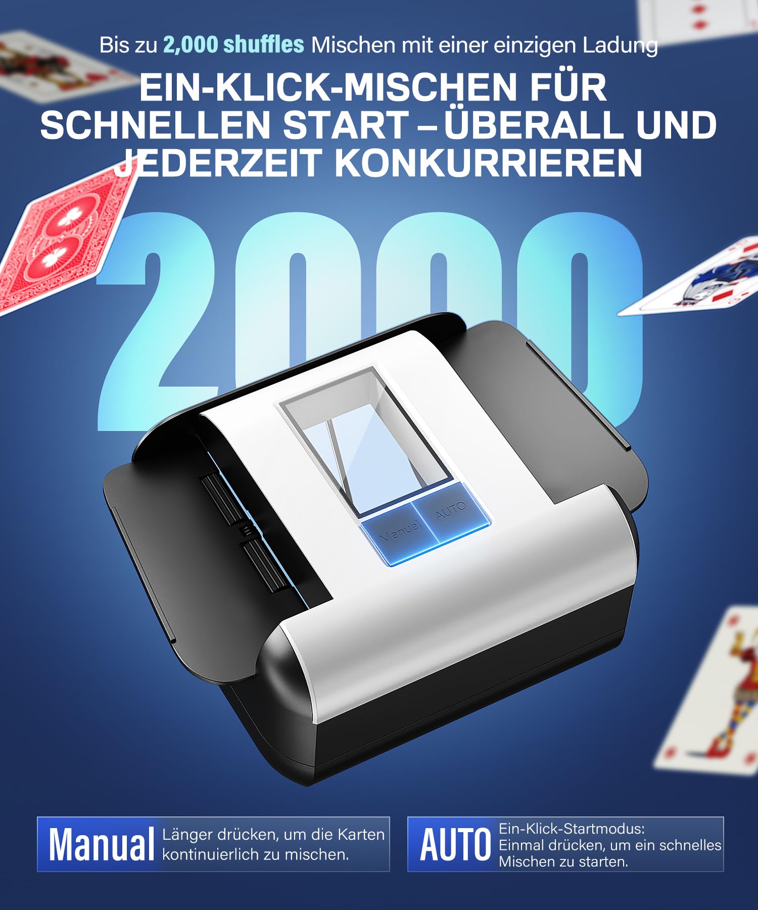 Kartenmischmaschine Elektrische - Automatischer Mischmaschine Karten, 2000mAh Wiederaufladbar| Geräuscharm, 2s Schnelles Mischen, Kartenmischgerät für Poker, UNO, Skip BO, Blackjack