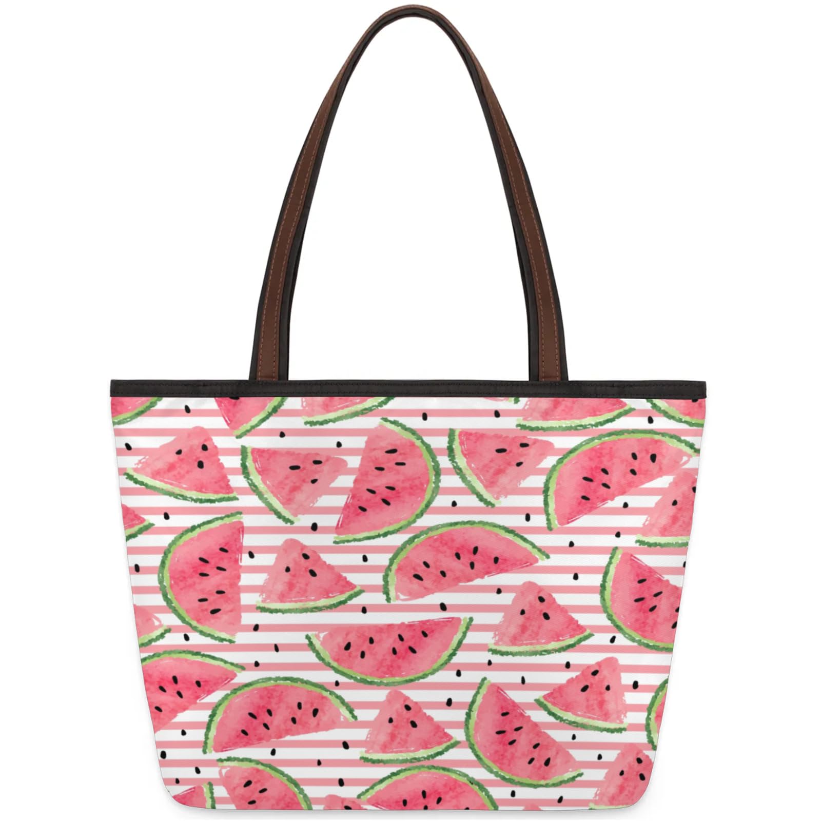 Watercolor Striped Watermelon Tote Bag Multi Pocket Zippered Beach Bag Lightweight Waterproof Handbag for Women Men Work Gym Travel Swimming Yoga Grocery Shopping M
