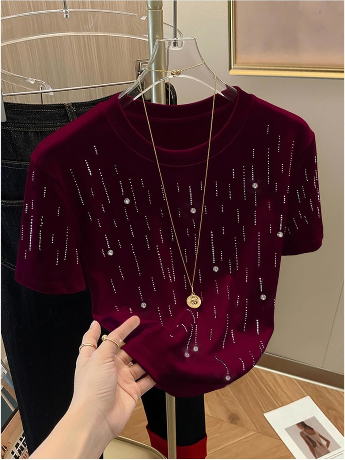 SweatyRocks Women's Beaded Rhinestone Short Sleeve T Shirts Trendy Crew Neck Streetwear Going Out Tee Tops - Image 4