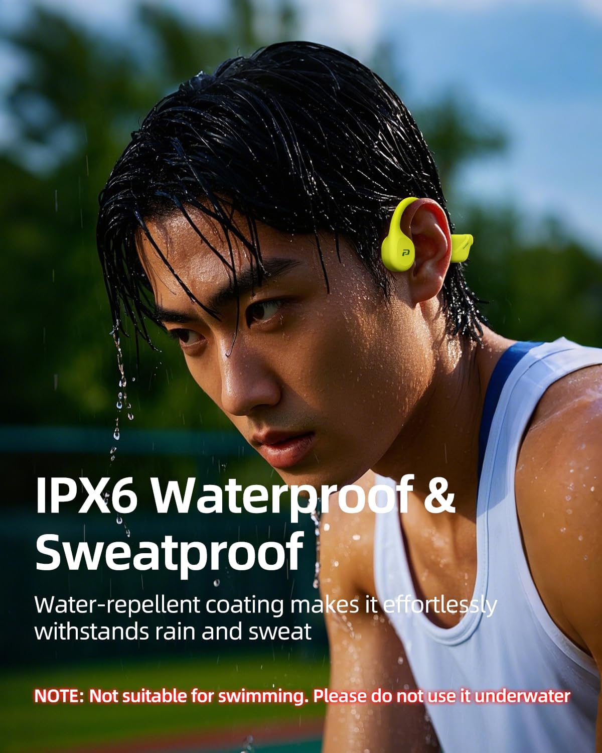 A person with water droplets on their face and hair, wearing the headphones, illustrating the IPX6 waterproof feature.
