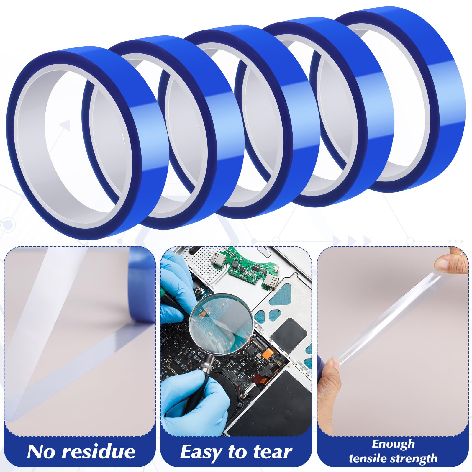 5 rollos de cinta adhesiva resistente al calor, 20 mm x 30 m, cinta térmica azul para sublimación, sin residuos, cinta de protección térmica para electrónica, placas de circuitos impresos